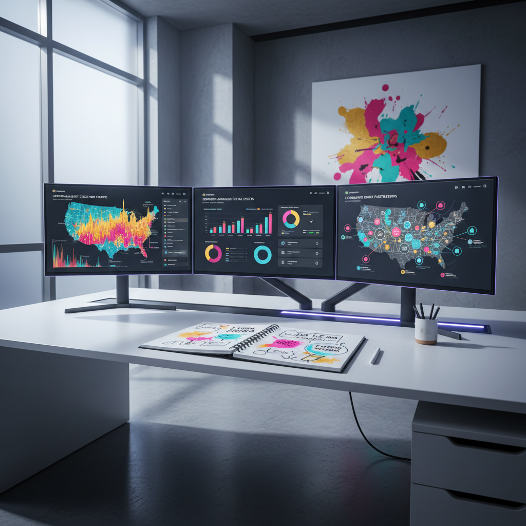 A wide, cinematic view of a clean, contemporary digital command center, with three ultra-wide monitors on a minimalist white desk. Each screen displays different marketing dashboards: one showing web traffic spikes from Latino-majority cities, another highlighting engagement metrics on Spanish-language social posts, and a third mapping community event partnerships across U.S. regions. A notebook open on the desk reveals sketched campaign ideas accented with bright, Latin-inspired color palettes. Cool, diffused light from a large window mixes with the subtle glow of LED monitor backlighting, casting soft shadows on the matte desktop. Photographic realism, shot from a slightly low angle to emphasize the scale of data and technology, creating a dynamic, growth-oriented mood focused on performance for multicultural audiences.