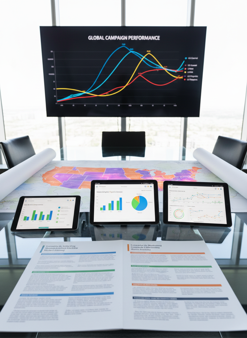 A sleek glass conference table covered with open bilingual marketing strategy documents in Spanish and English, color-coded analytics dashboards on thin, bezel-less tablets, and a large printed map of the United States with vibrant highlights across Latino-majority regions. In the background, a wall-mounted ultra-wide screen displays a multicultural campaign performance graph with bold, clear lines and bright accent colors. Soft daylight from tall office windows creates subtle reflections across the glass surface and gentle shadows from the devices. Photographic realism, captured at eye level with a slight angle down the table, sharp focus throughout, conveying a professional, data-driven, and growth-focused atmosphere suitable for a multicultural marketing agency homepage hero image.