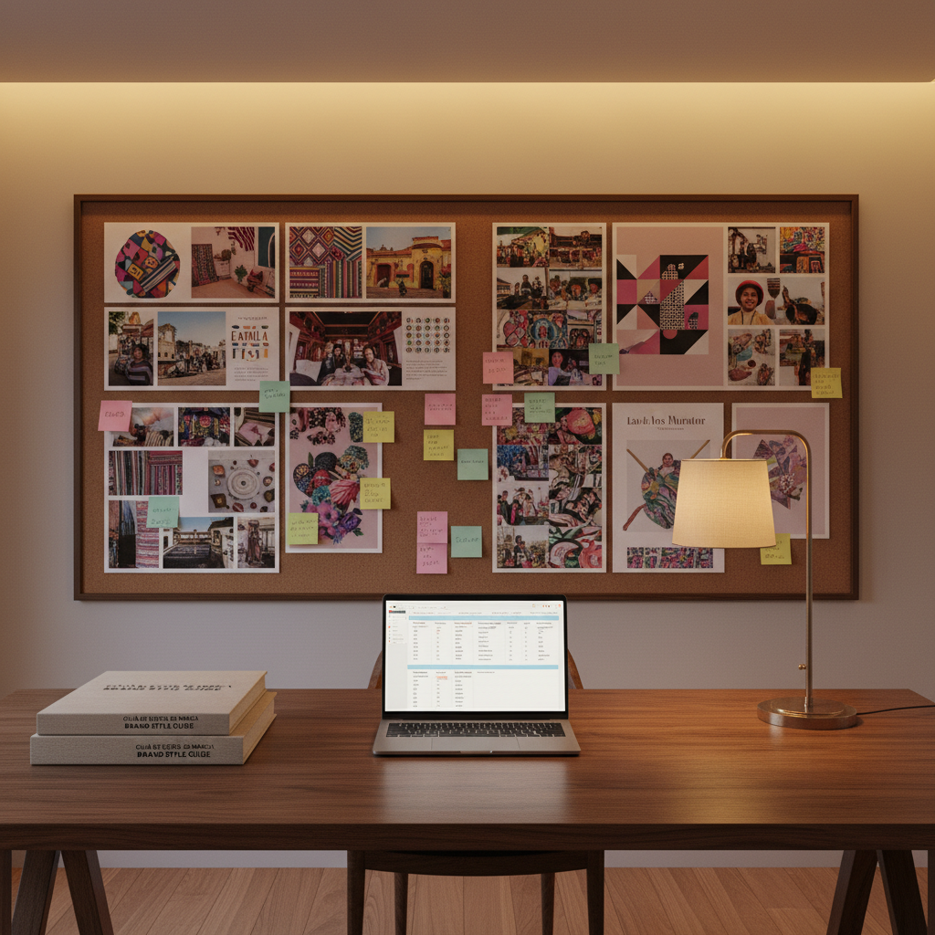 An elegant modern workspace featuring a large, dark-wood desk with a slim laptop displaying a bilingual social media content calendar, alongside neatly stacked brand style guides labeled in both Spanish and English. A corkboard on the wall behind the desk is carefully arranged with colorful campaign mood boards, print mockups incorporating Latin American patterns, and sticky notes highlighting key cultural insights. Warm, indirect overhead lighting and a soft desk lamp create a cozy yet professional glow, with gentle shadows emphasizing texture in the paper and wood. Shot from a slightly elevated angle in photographic realism, with a balanced composition that feels organized, creative, and culturally attuned, reflecting strategic multicultural content planning.